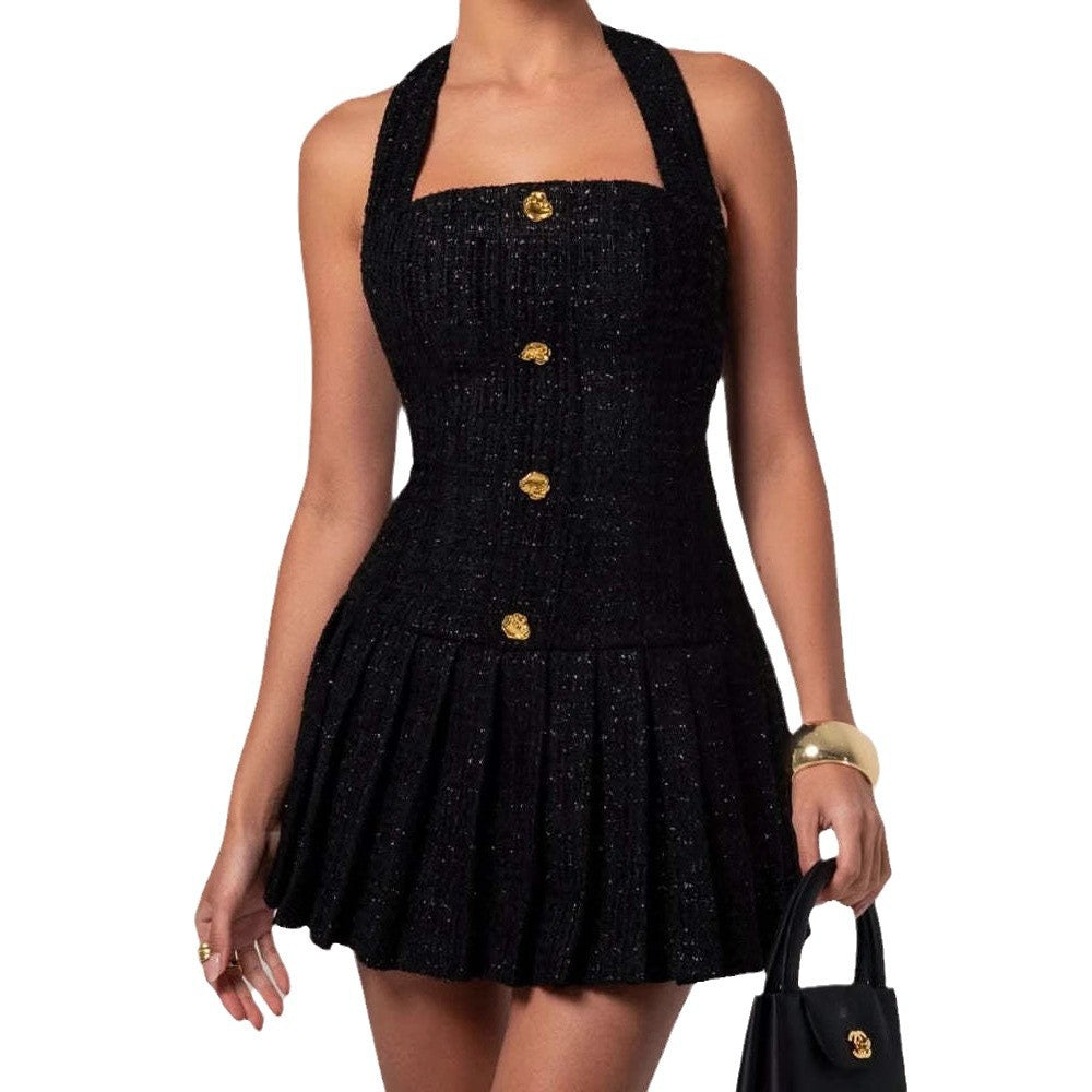 Women's Adjustable Golden Retaining Ring Halter Woven Dresses