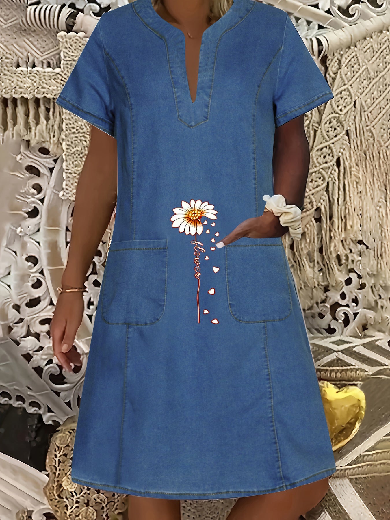 Women's Denim Dress Dark Blue Thin Pocket Dresses