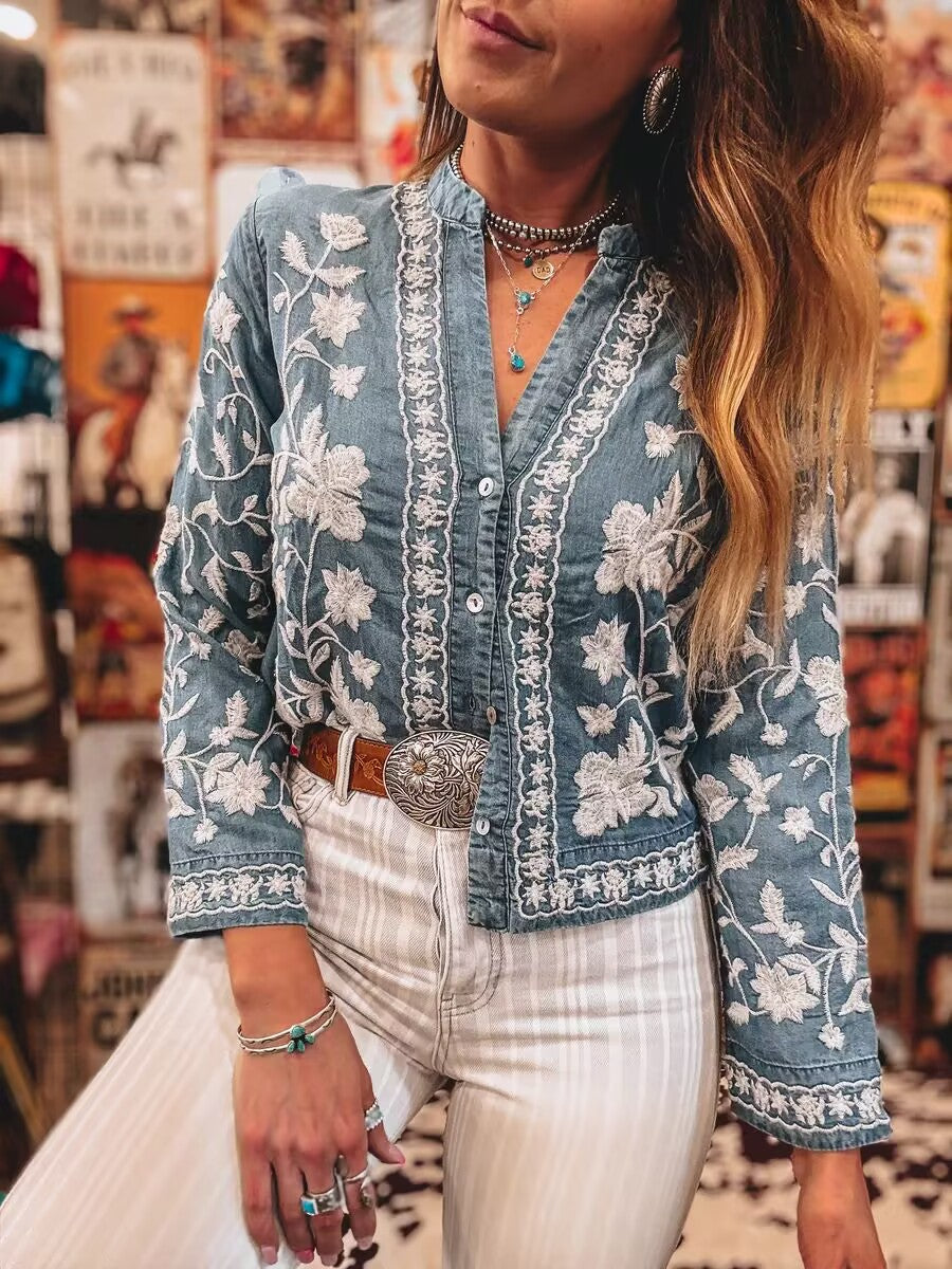 Women's Cool Embroidered Denim Buttons Long-sleeved Blouses