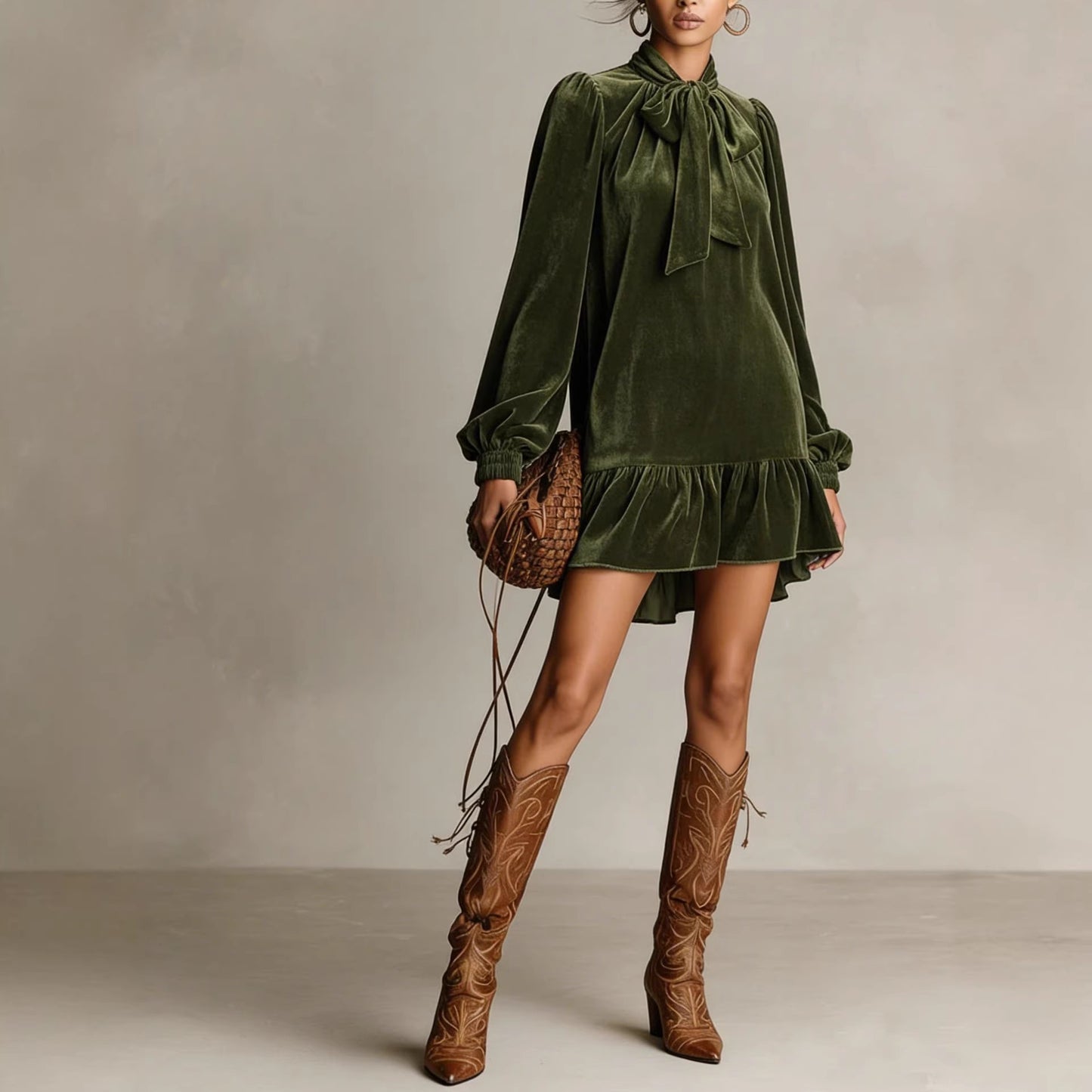 Women's Loose Lantern Sleeve Bow Pure Color Dress