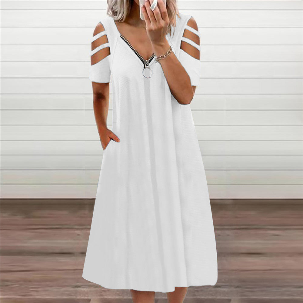 Women's Summer Sexy Solid Color Zipper Sleeve Dress