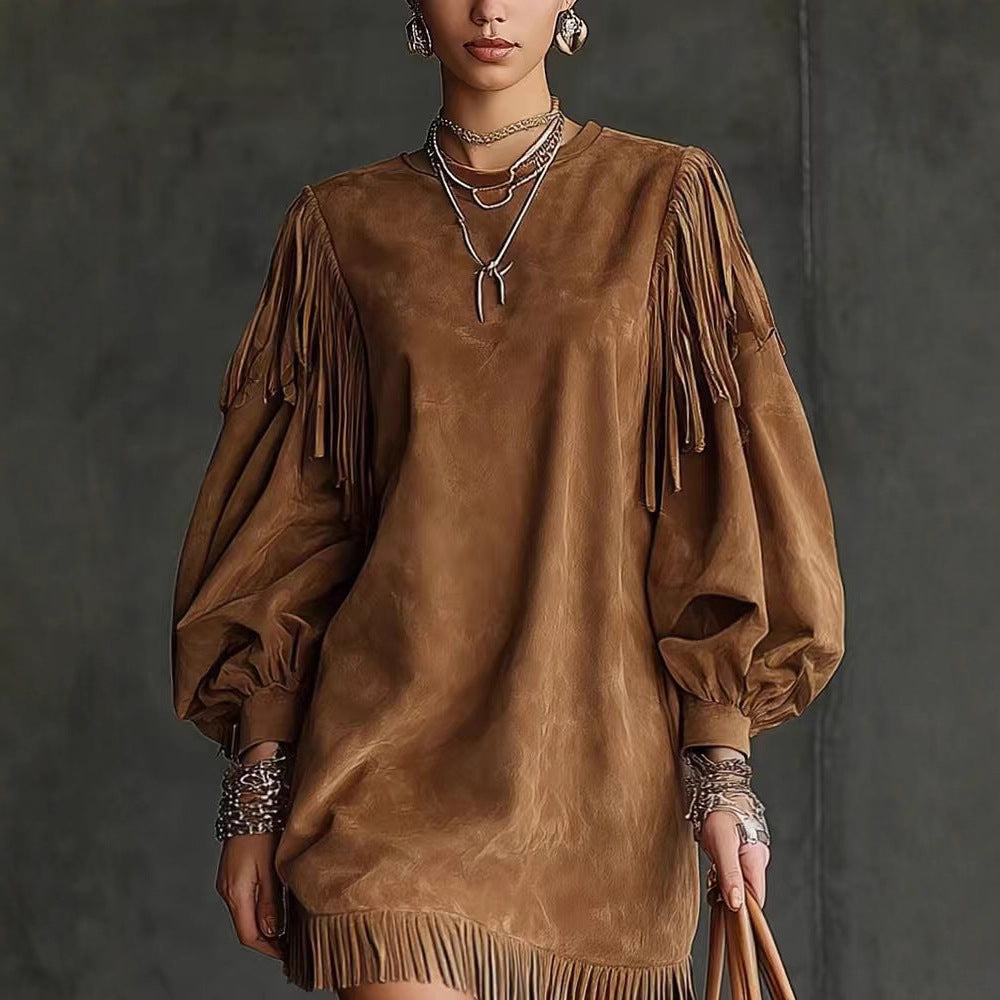 Round Neck Tassel Loose Lantern Sleeve Dresses