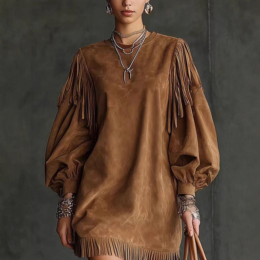 Round Neck Tassel Loose Lantern Sleeve Dresses
