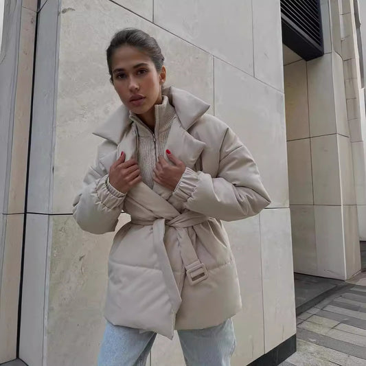 Women's Winter Padded Lapel Cinched Slimming Pure Coats