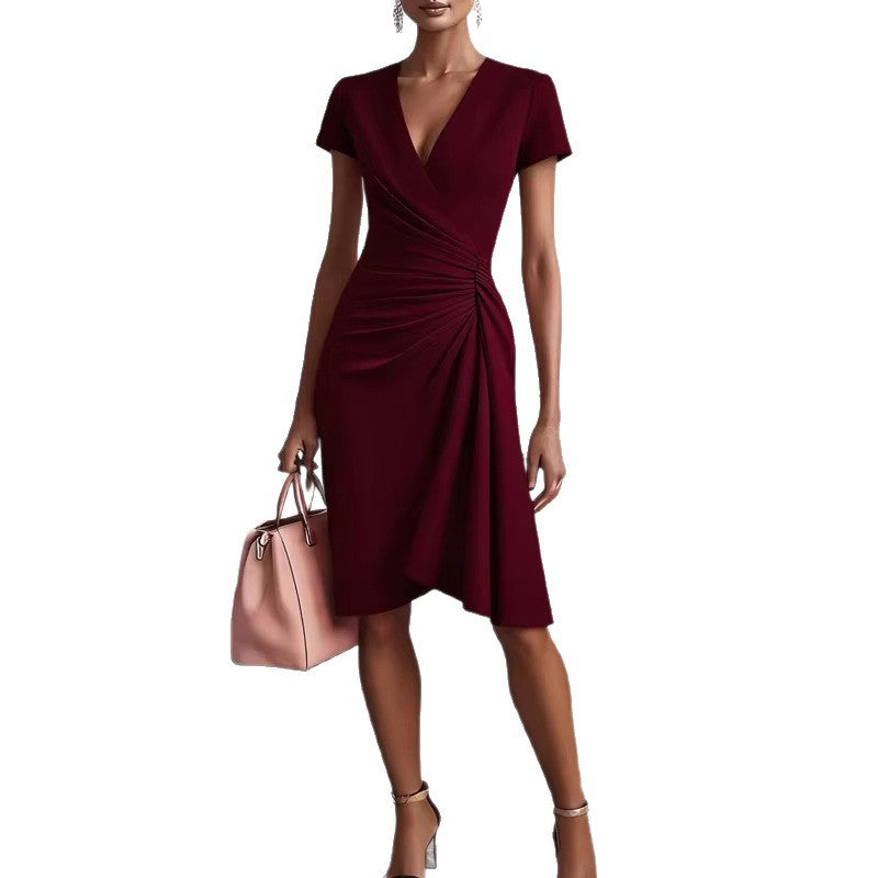 Women's Slimming Solid Color Hip Long Sleeve V Dress