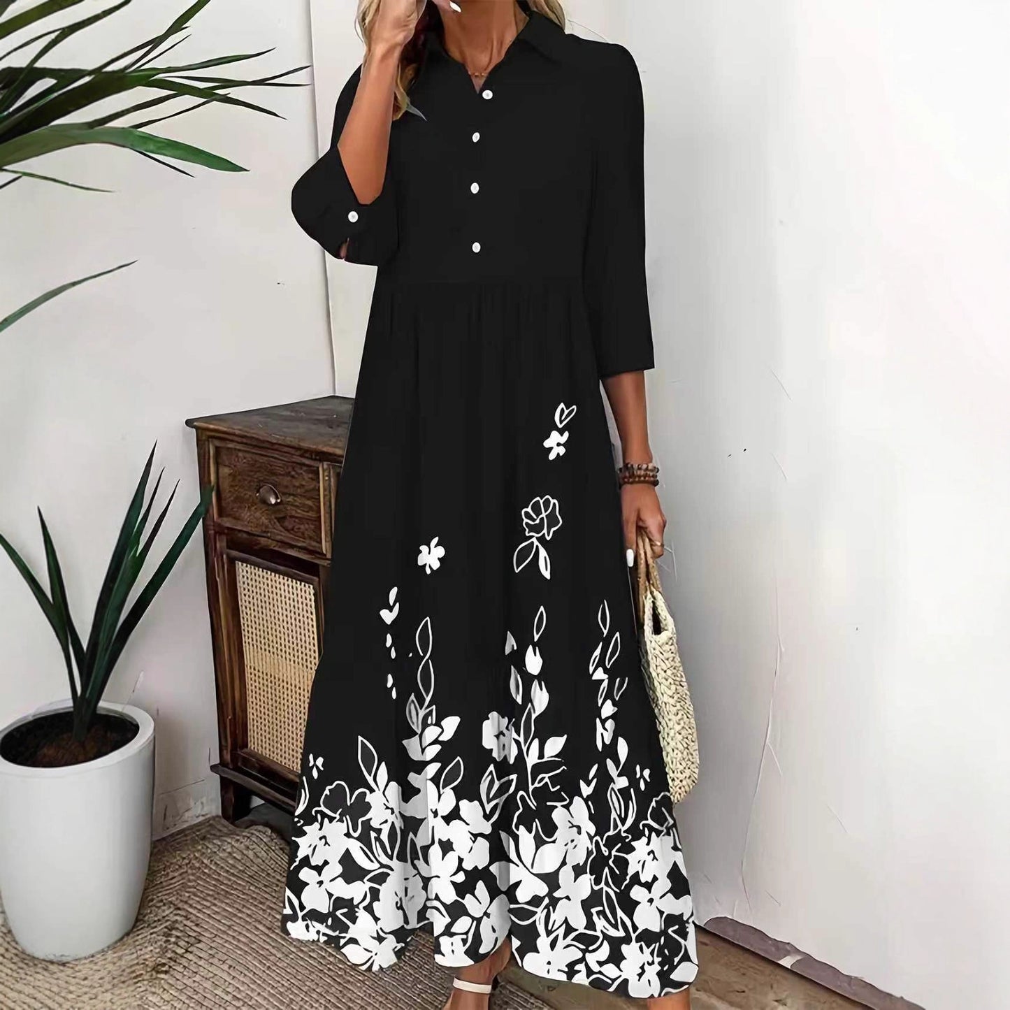 Women's Autumn Print Sleeve Buttons Loose Wear Dress