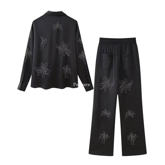 Women's Spring Lapel Beaded Long Sleeve Black Suits
