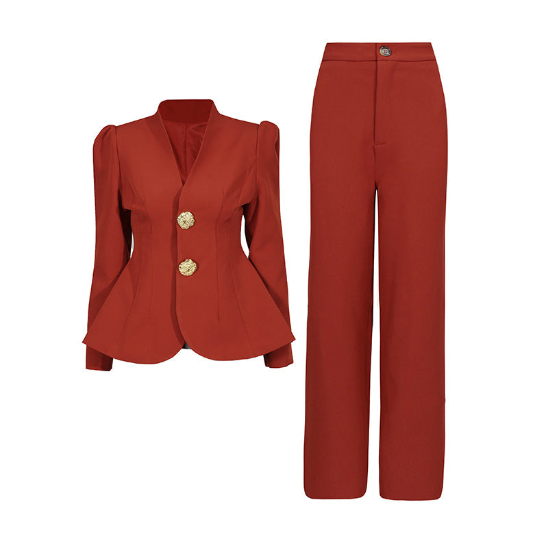Women's Two-piece Set Large Decorative Buckle Long Suits