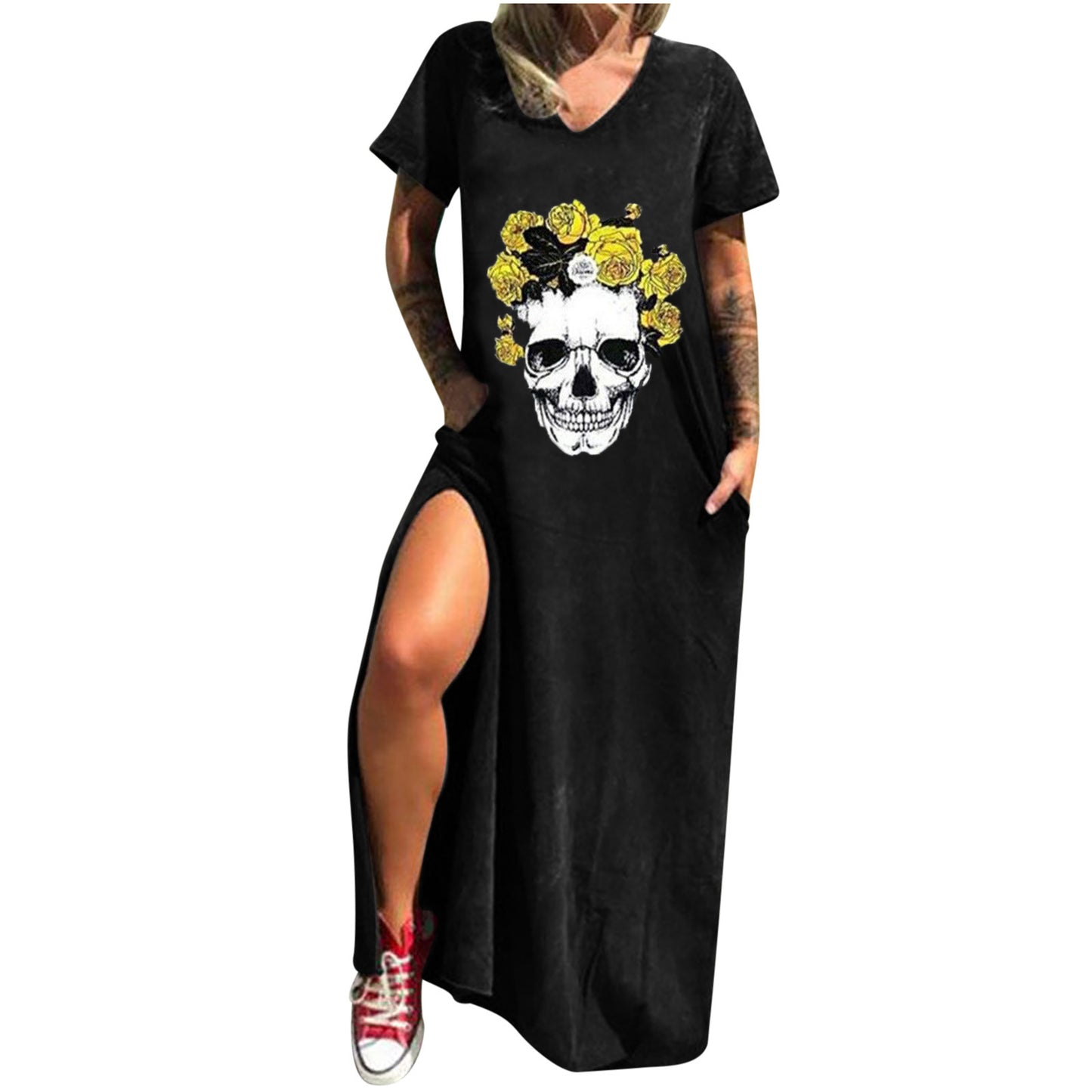 Skull Print Street Fashion Sleeve Slit Shorts