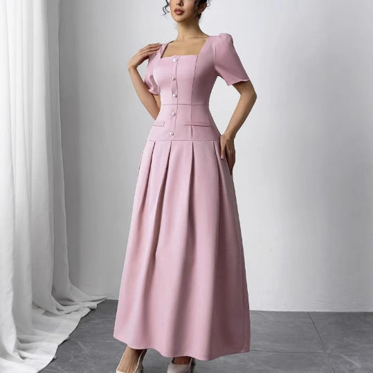 Women's Long Summer Simple Temperament Slimming Square Collar Puff Dress