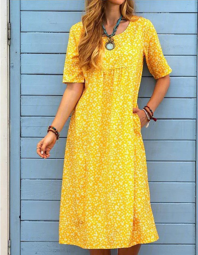 Floral Round Neck Pocket Sleeve Casual Mid-length Dress