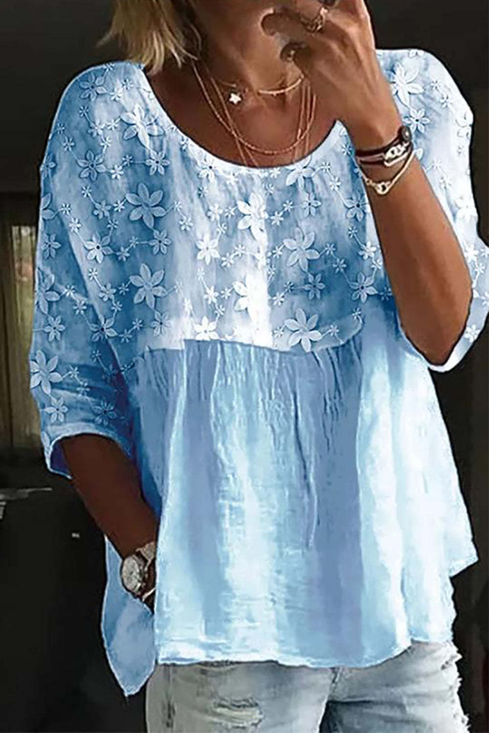 Women's Lace Stitching Printing White Temperament Long Blouses