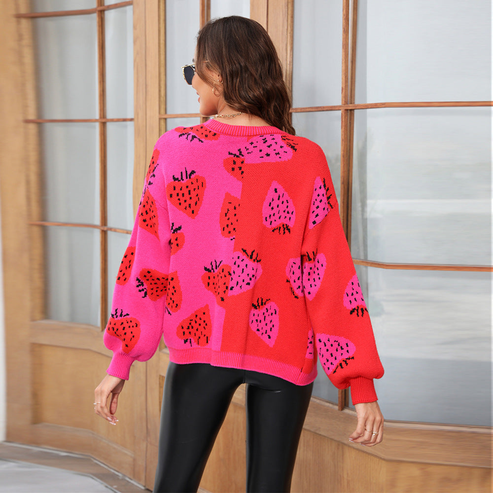 Pretty Attractive Women's Spring Buttons Strawberry Sweaters
