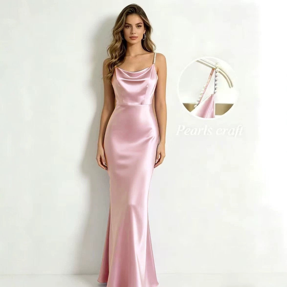 Satin Handmade Pearl Spaghetti Strap Slimming Fishtail Dress