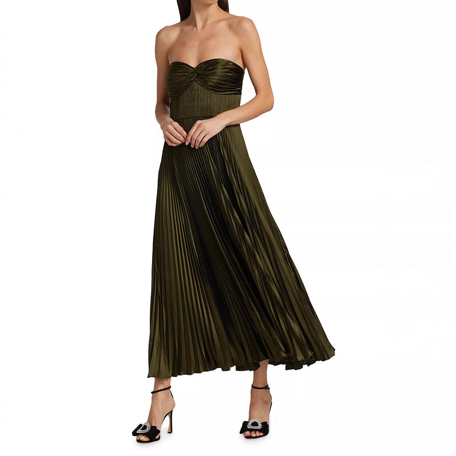 Pleated Satin Dress Casual Holiday Zipper Dresses