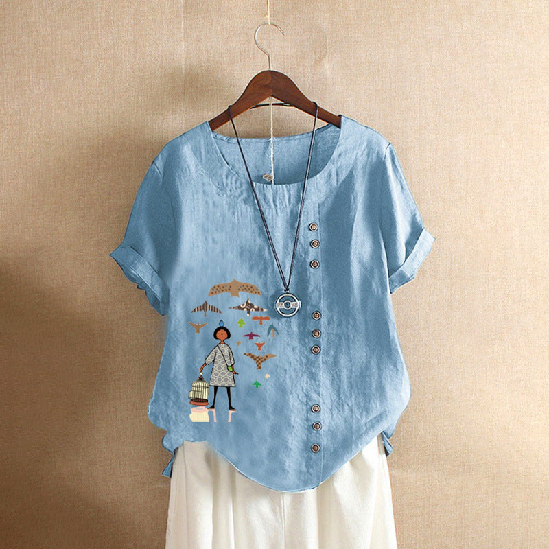 Women's Retro Cotton Linen Printed Casual Shirt Blouses