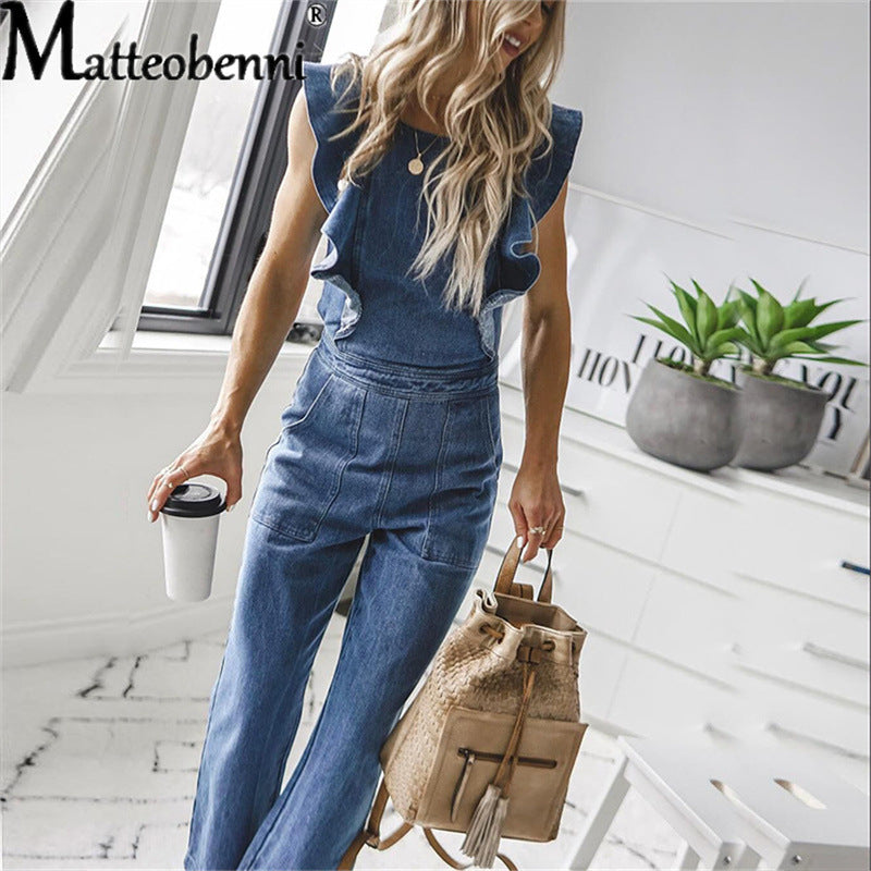 Women's Solid Color Slim Round Neck Denim Jumpsuits