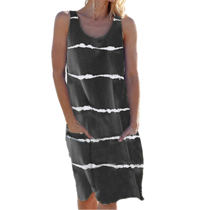 Women's Summer Round Neck Printed Striped Pocket Dress