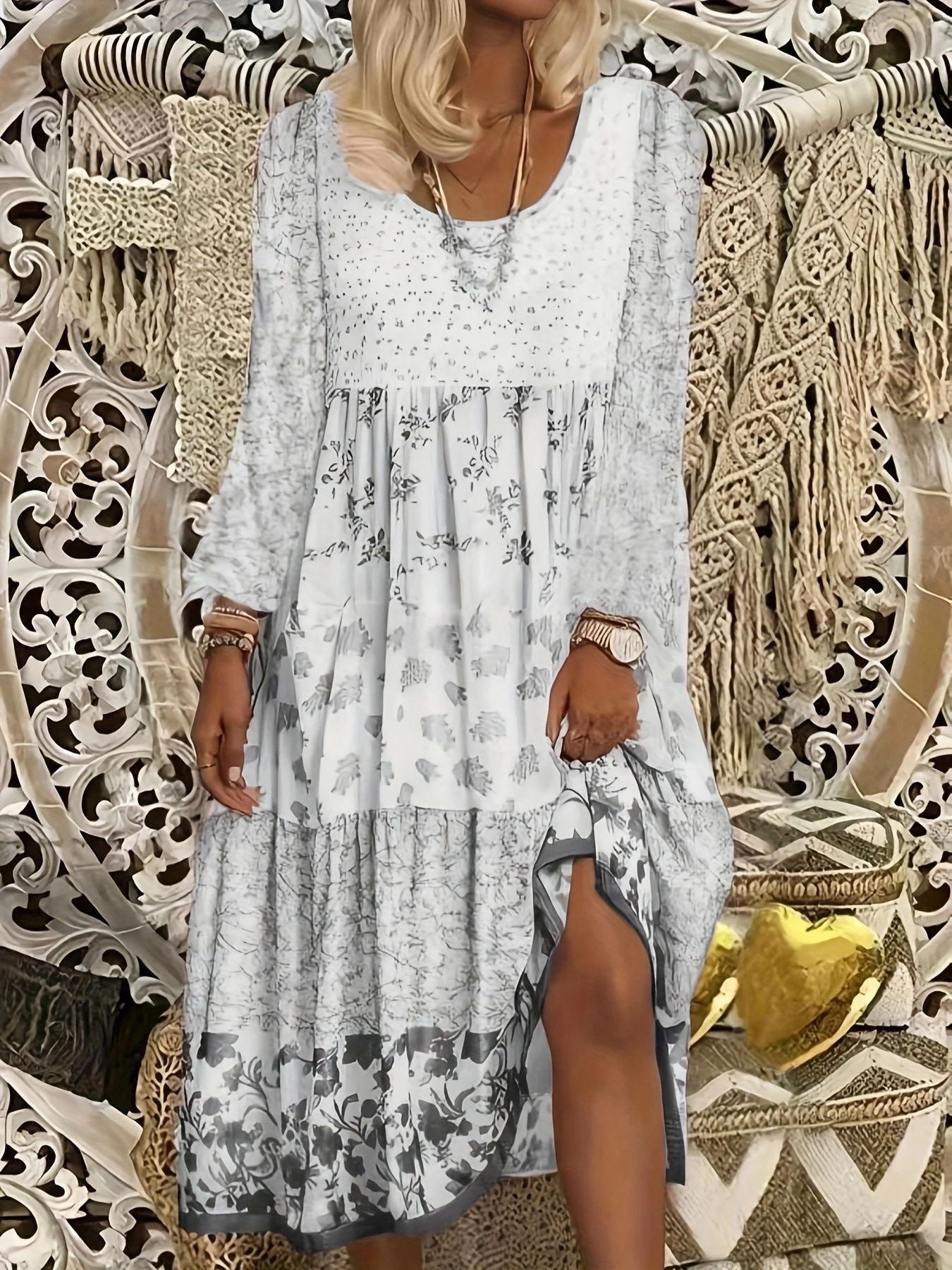 Casual Women's Long-sleeved Printed Round Neck Dress