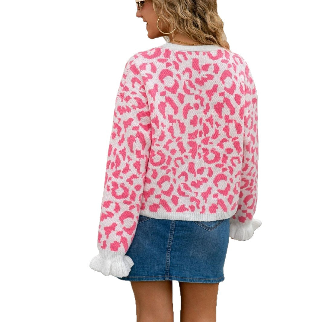 Women's Winter Leopard Jacquard Personalized Knitted Cropped Sweater