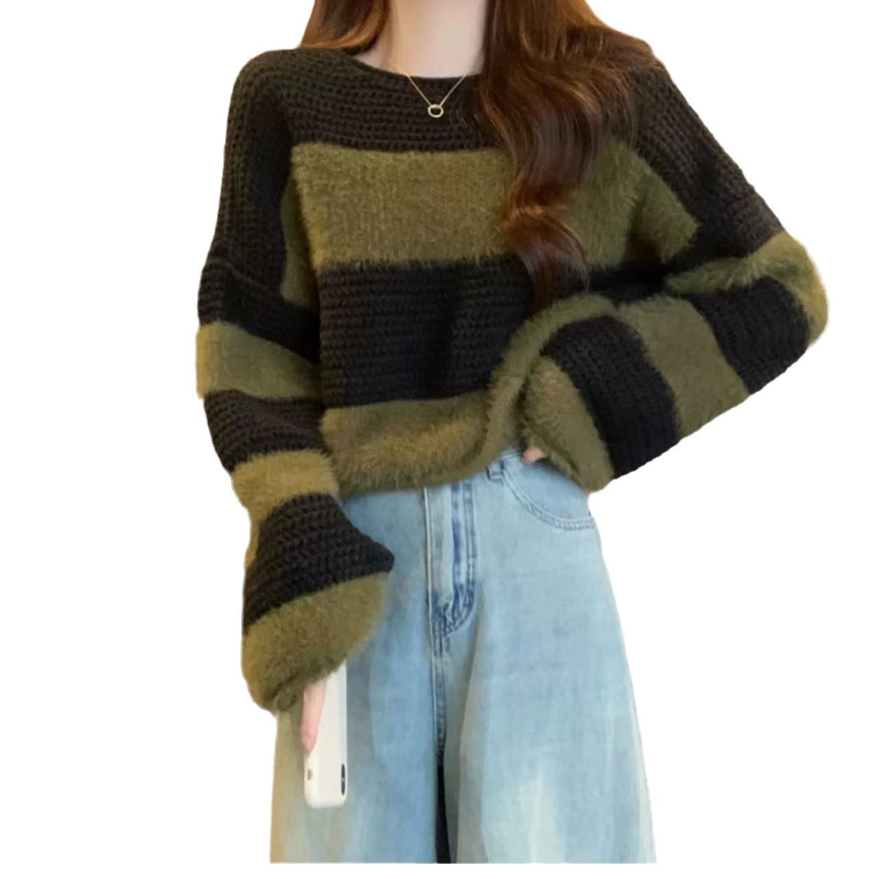 Women's Retro Loose Milk Lazy Striped Long Sleeve Tops