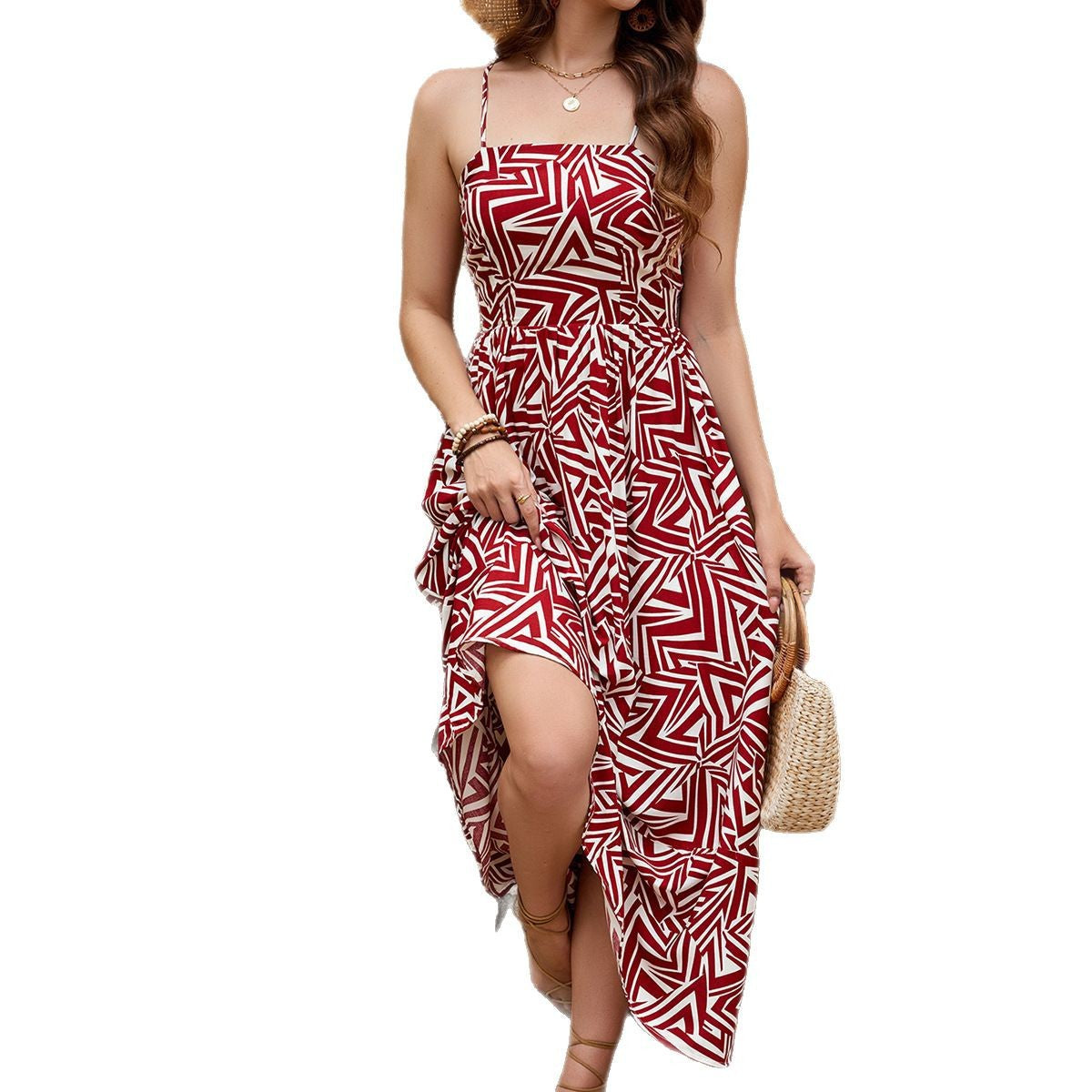Women's Geometric Rayon Printed Backless Slip Dress Dresses