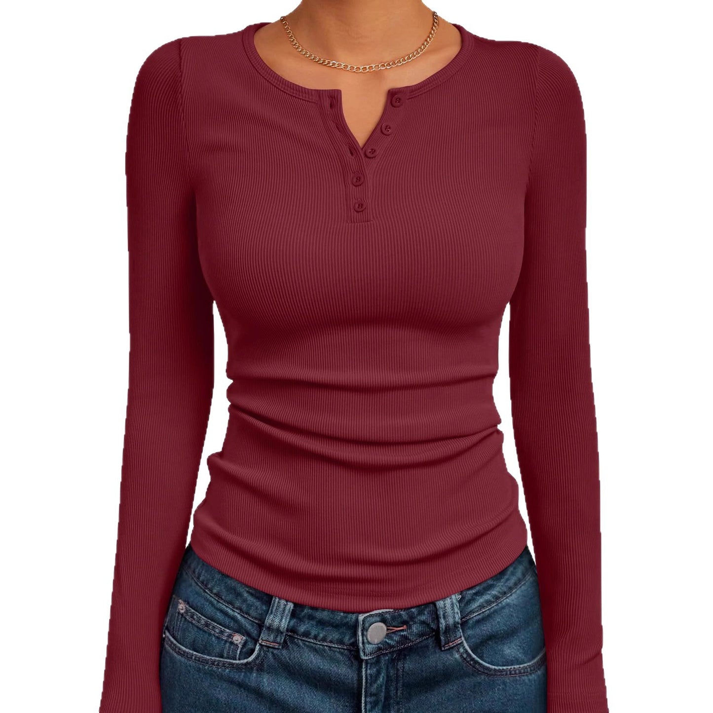 Women's Long Sleeve Button Rib Slim Fit Women's Sweater