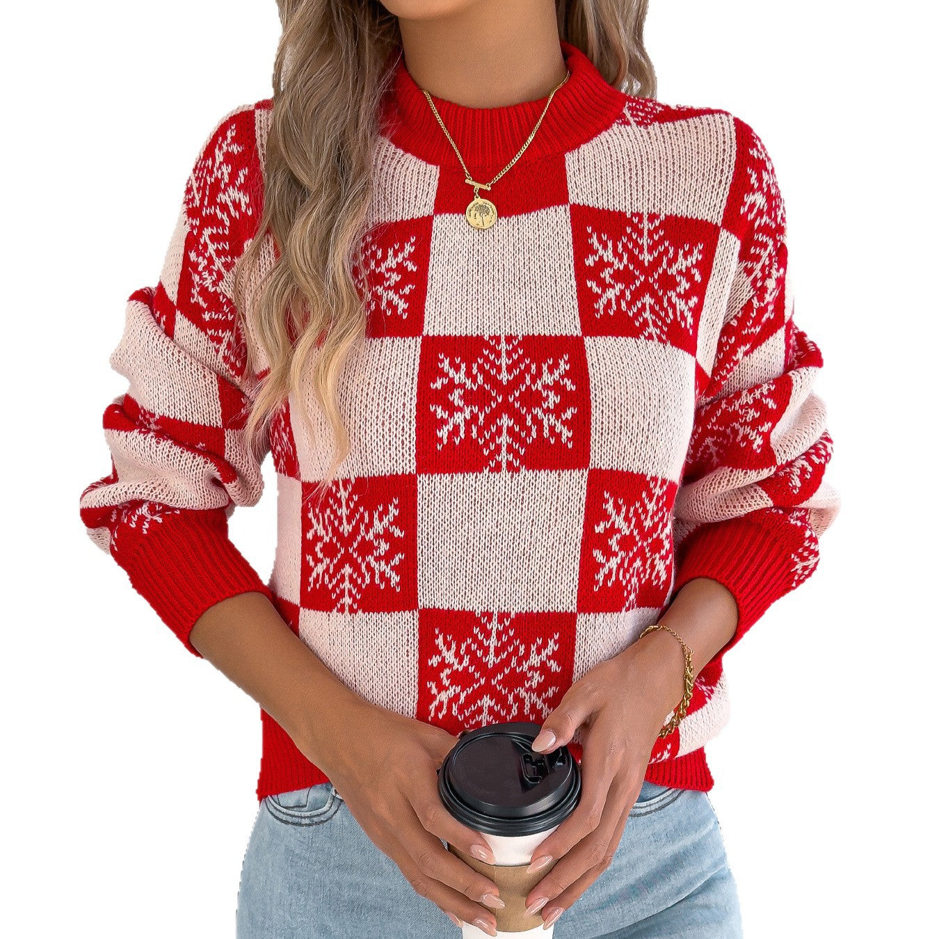 Women's Snowflake Plaid Lantern Long Sleeve Pullover Sweater