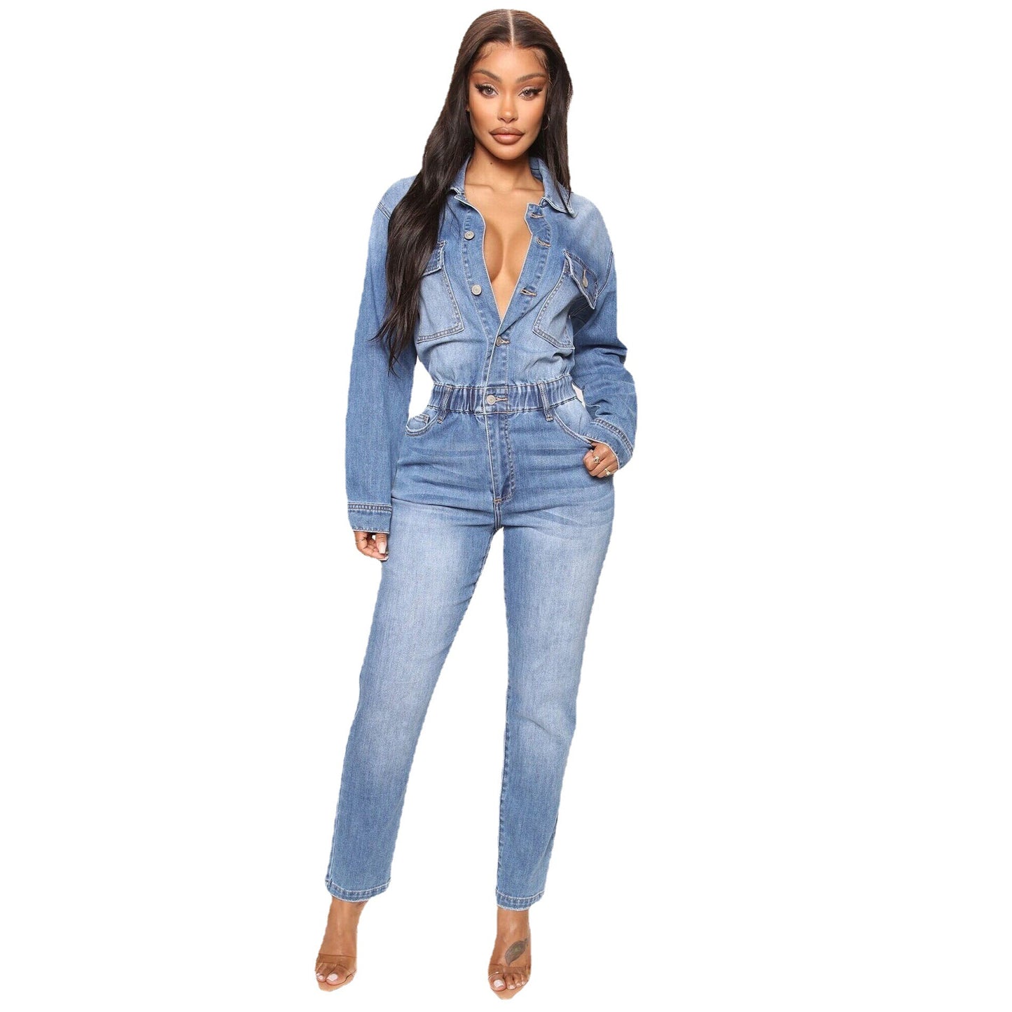 Women's Washed Fashionable Long Sleeve Overall Jumpsuits