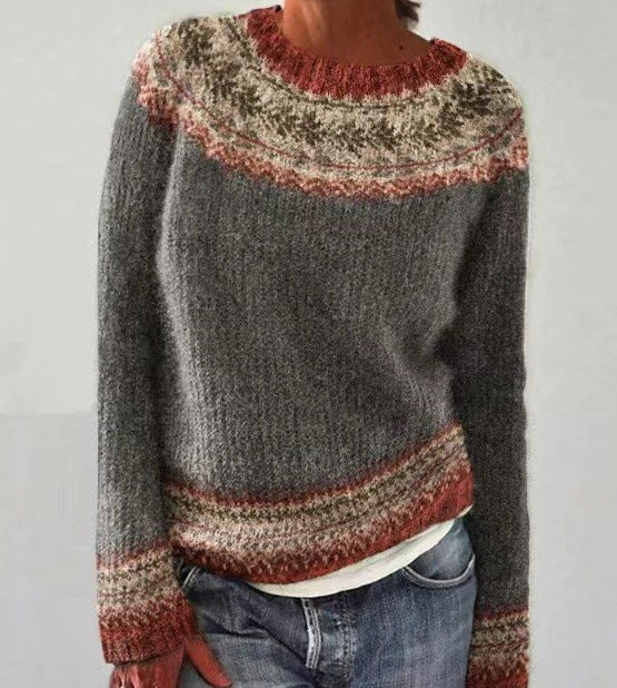 Women's Tibetan Wolf Round Neck Loose Fashion Pullover Color Matching Dark Sweaters