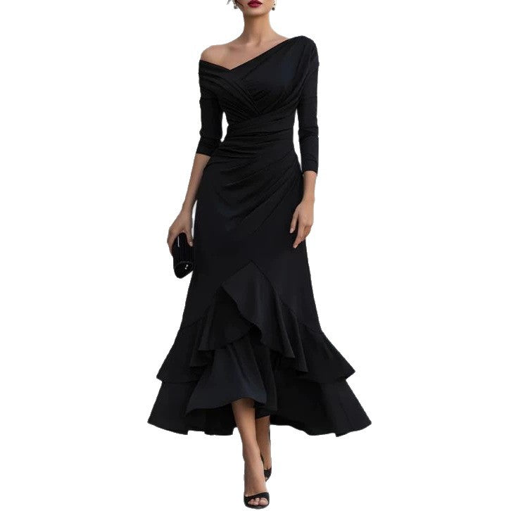 Women's Autumn Crimp Ruffled Long Sleeve Elegant Slim Dress