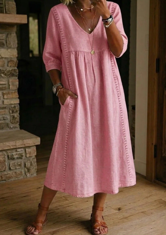 Casual Loose Stitching Lace Cotton Linen Dress