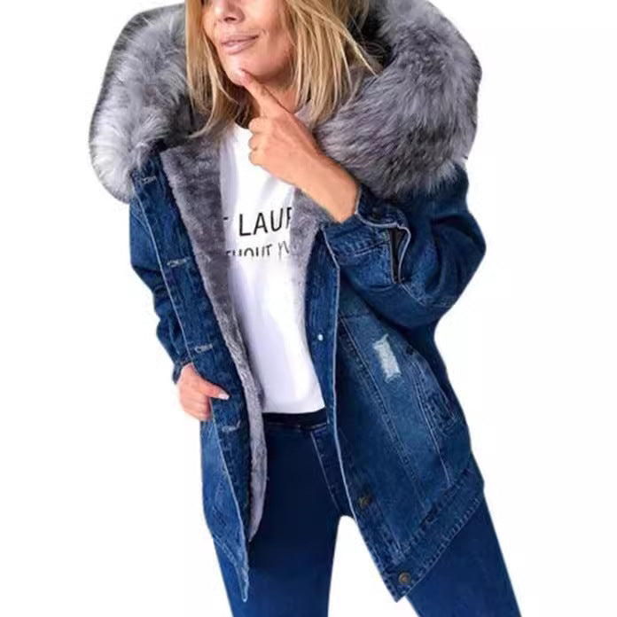 Women's Fashion Cashmere Fur Collar Denim Coats