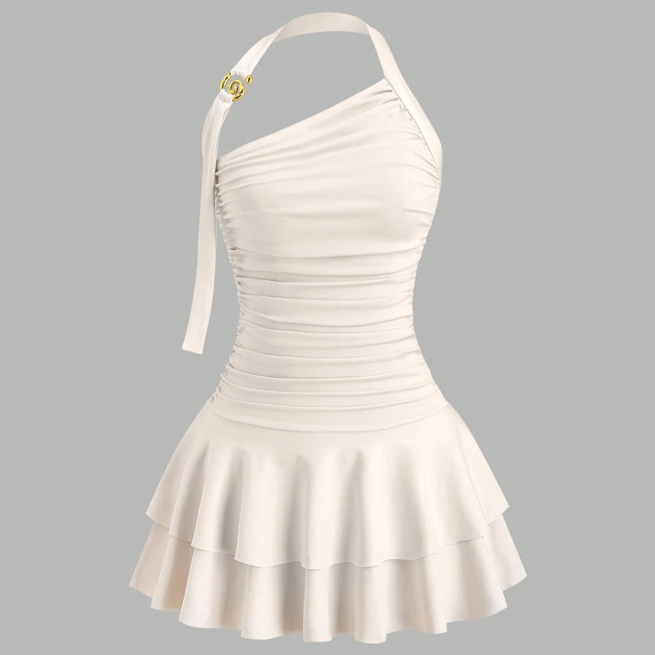 Solid Color Halter Slimming Cinched Waist Pleated Pure Want Sloping Dress