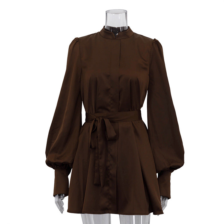 Women's Style High-grade Satin Dress Autumn Stand-up Collar Long-sleeved Dresses
