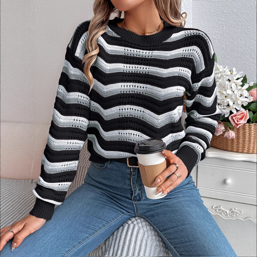 Women's Casual Spliced Striped Lantern Long Sleeve Sweater