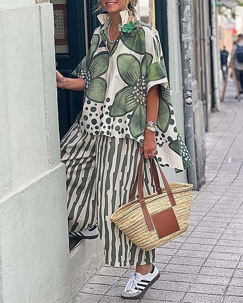 Women's Summer Lapel Loose Flower Print Set Fashion Casual Suit