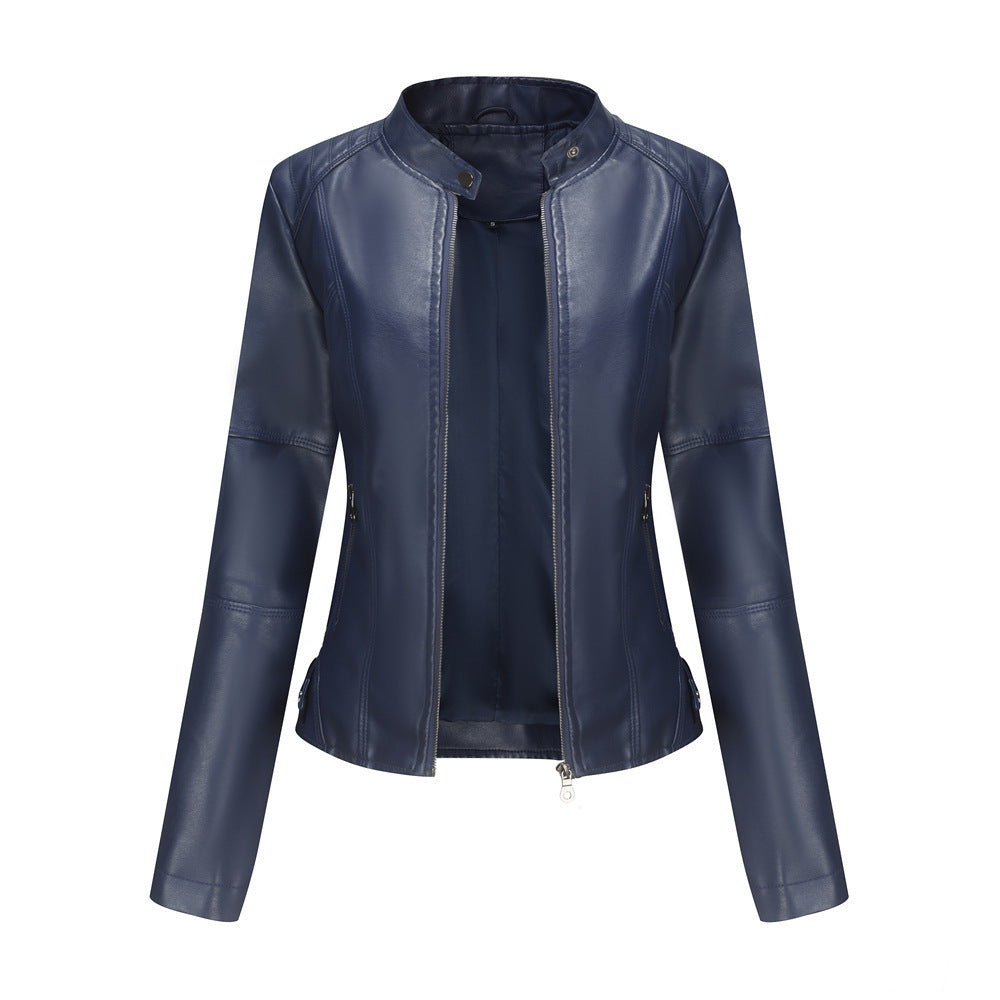Women's Leather Slim Thin Motorcycle Stand Collar Jackets