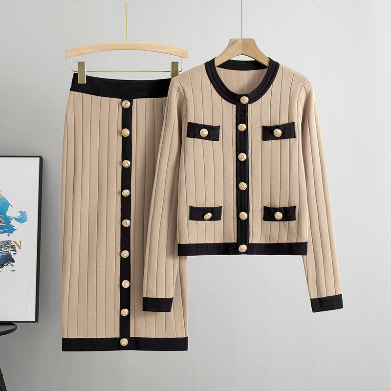 Women's French Style Temperament High-grade Knitted Two-piece Set Dress Fashion Casual Suit