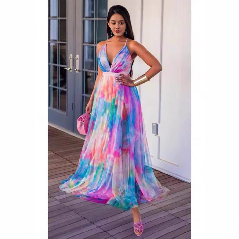 Casual Fashion Rainbow Multicolor Brace Tulle Dress