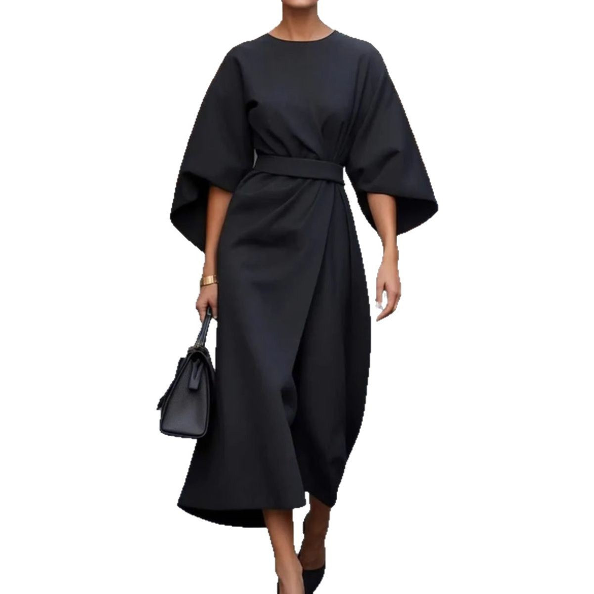 Women's Fashion Elegant Solid Color Waist Tight Casual Dolman Sleeve Dress