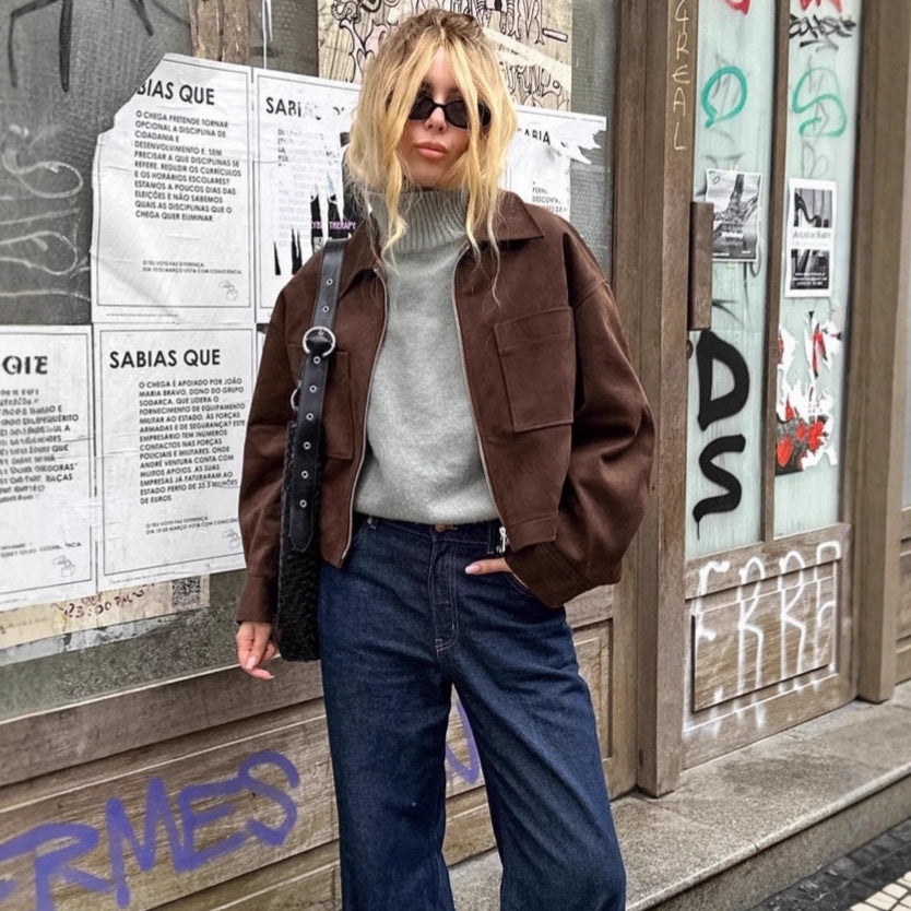 Women's Long Sleeve Suede Brown Small Zipper Blazers