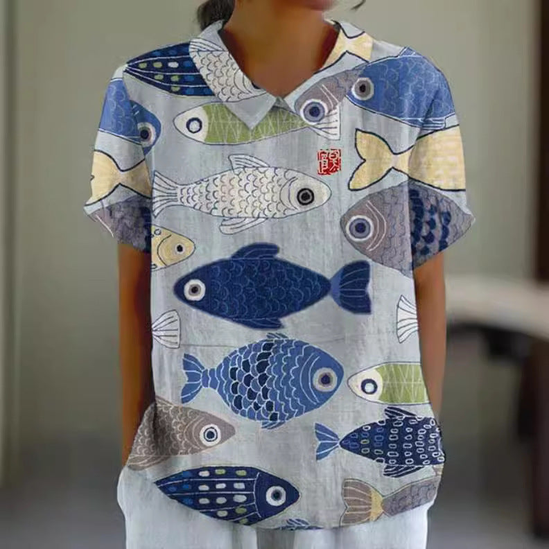 Women's Summer Loose Print Crew Neck Casual Blouses