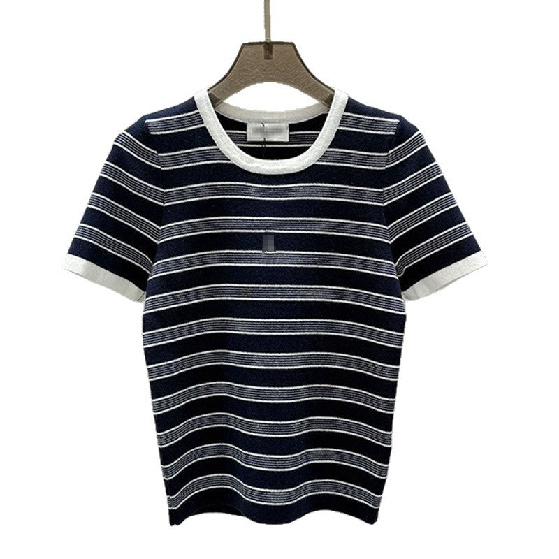 Women's Blue White Gray Knitted Striped Round Neck Shorts