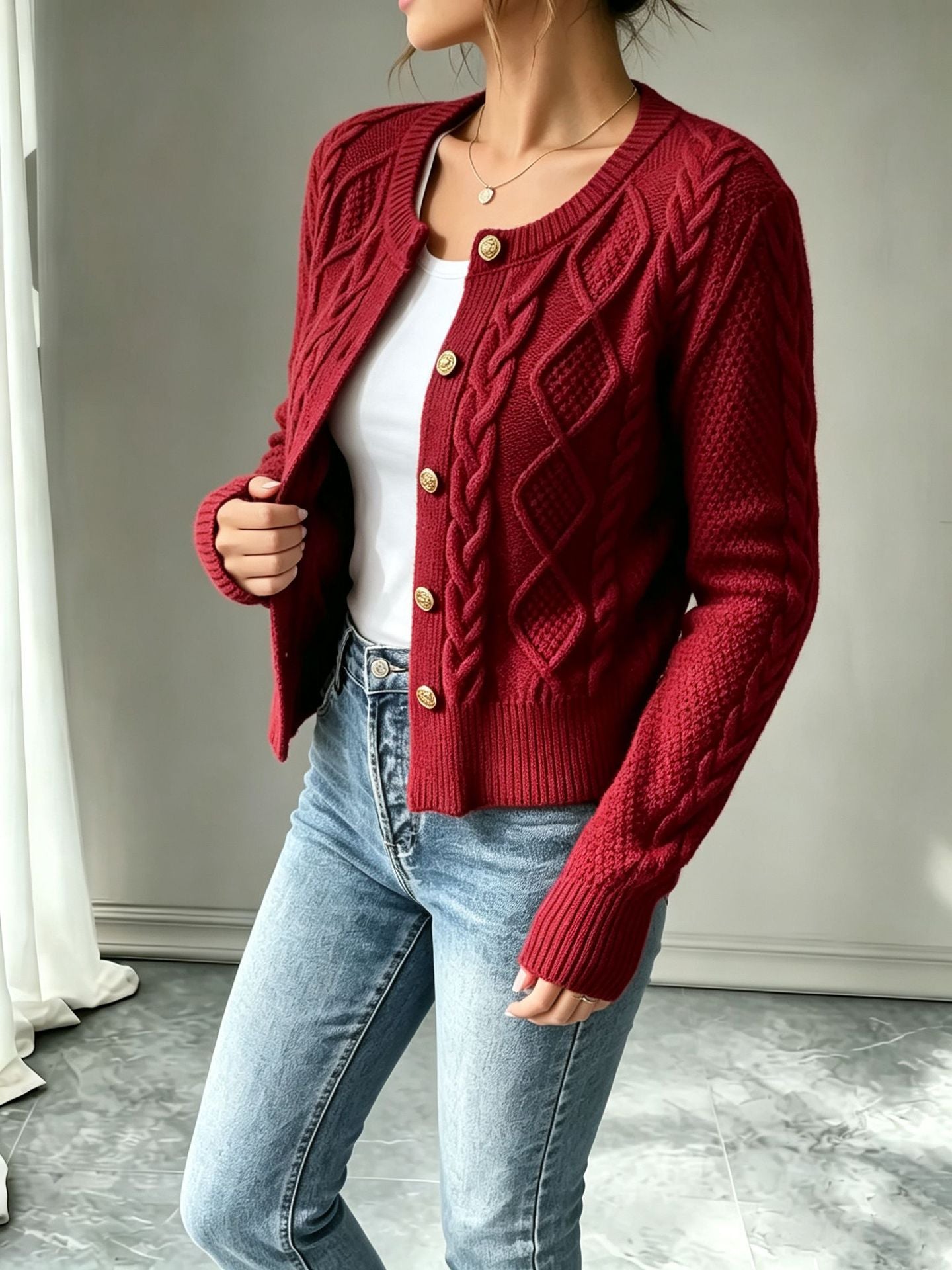 Women's Fashion Wear Slimming Single-breasted Knitted Long-sleeved Sweaters