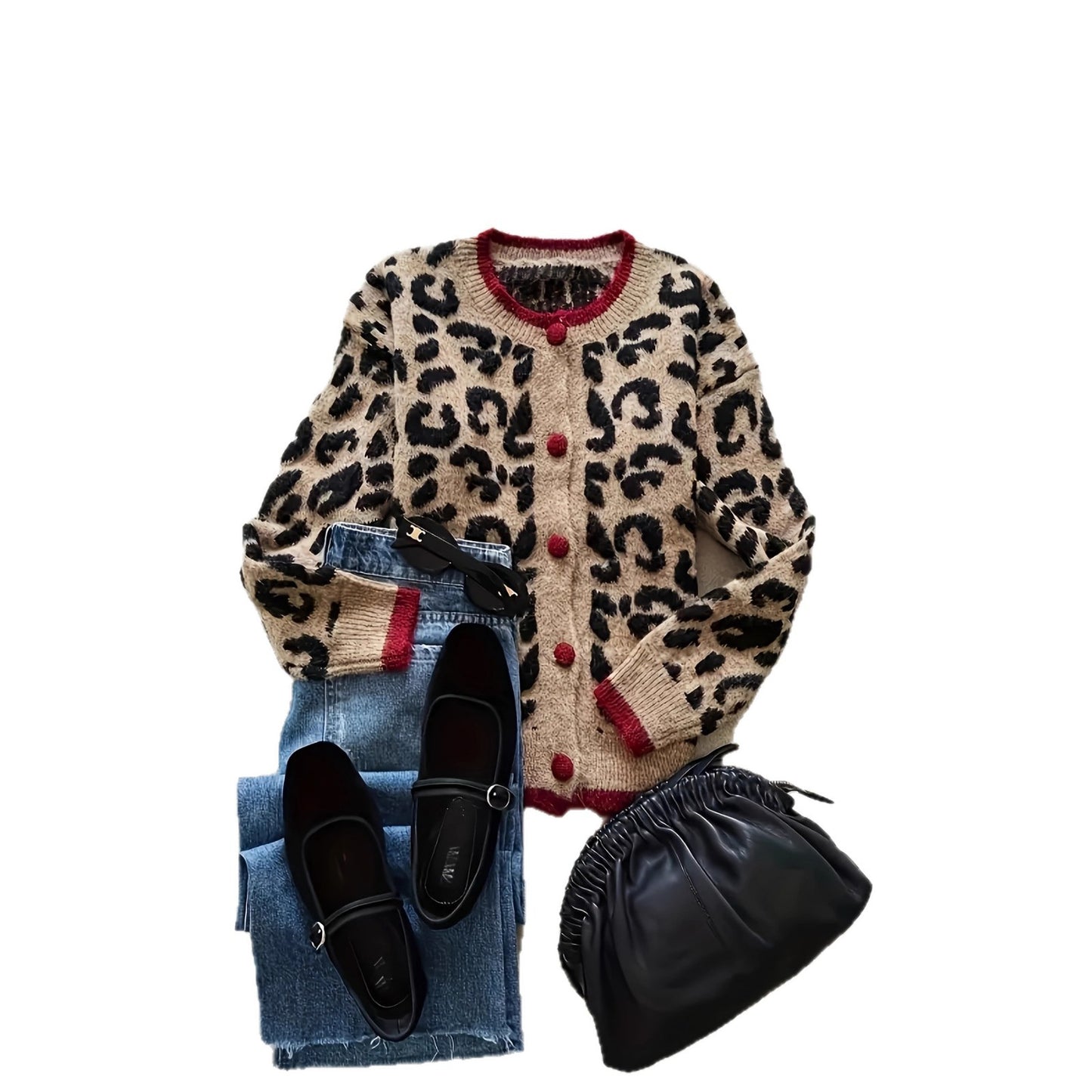 Women's Fashion Wear Versatile Contrast Color Leopard Print Long Sleeve Sweaters