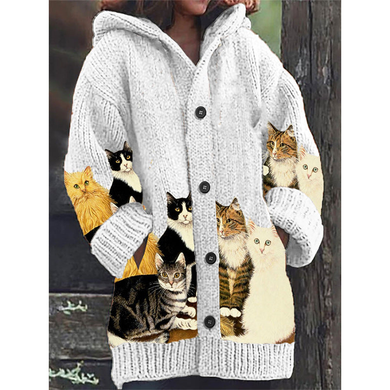 Elegant Women's Animal Cat Printing Hooded Cardigans