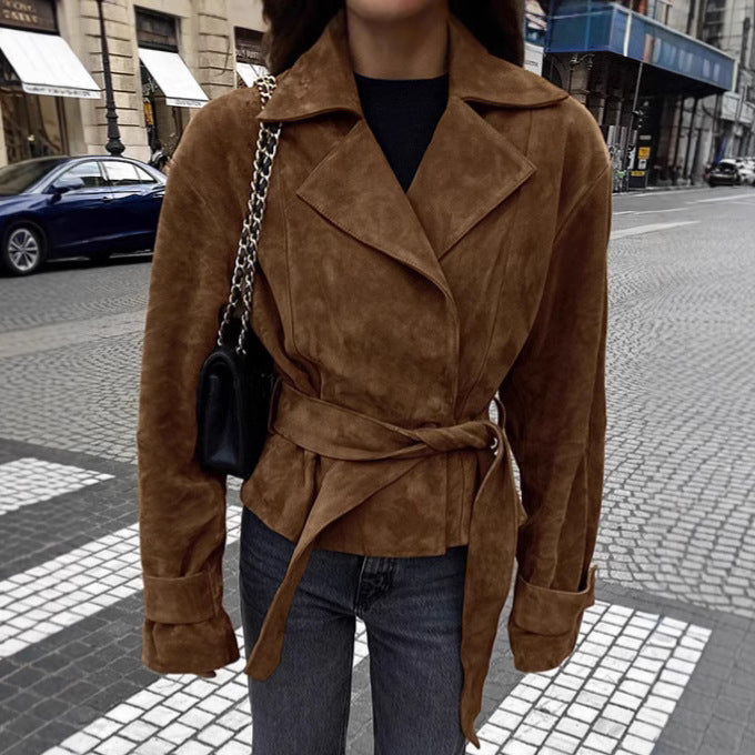 Women's Suede Stomach Blanket Retro Commuter Brown Coats