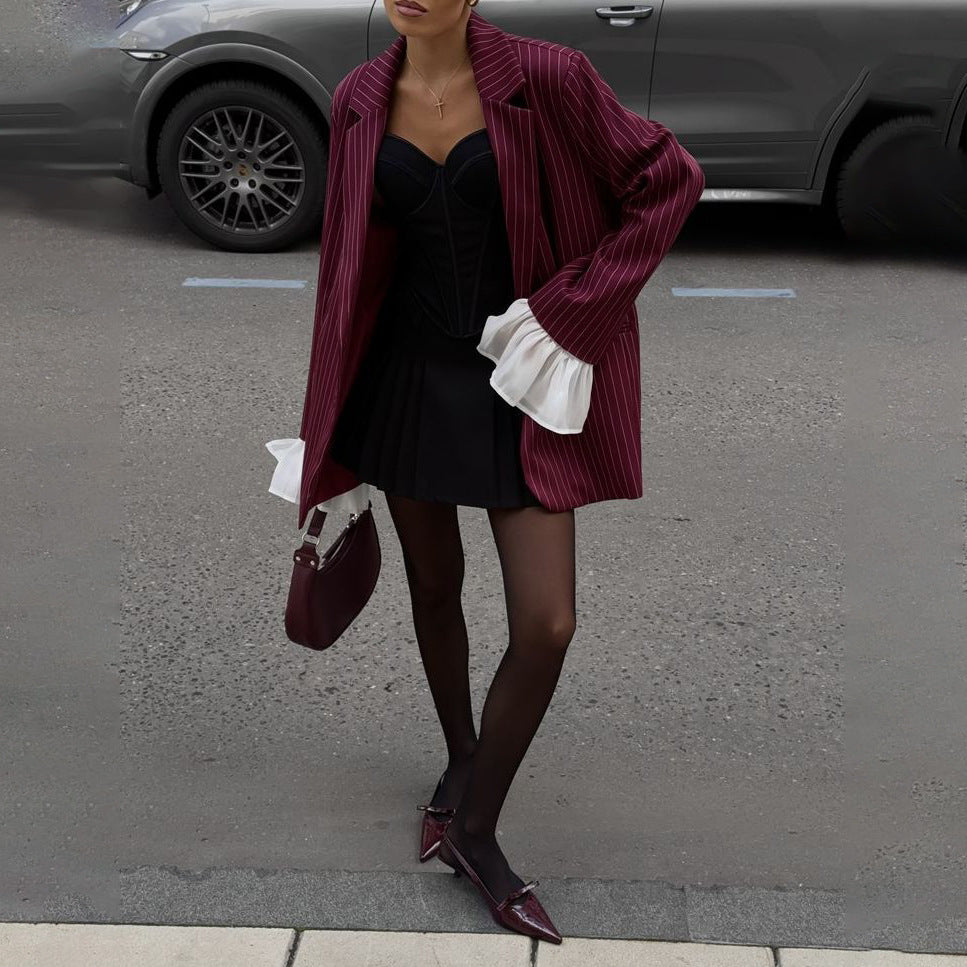 Women's Collar Vertical Stripes Fashionable Casual Loose Temperament Stitching Blazers