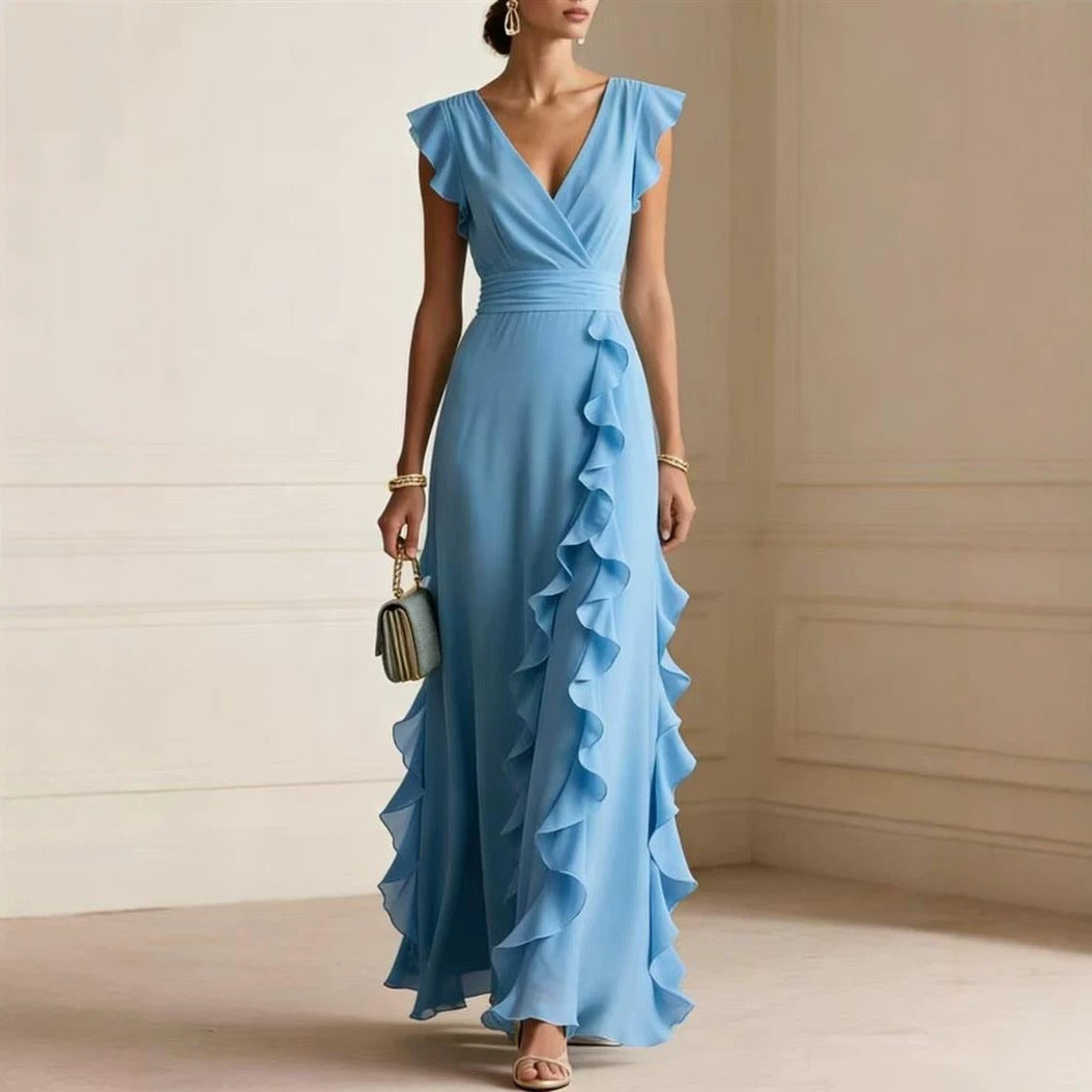 Solid Color Summer Ruffled Sleeveless Thin Dress